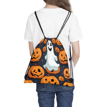 DistinctInk Drawstring Bag / Backpack with Ghost Skeleton Spooky Pumpkins Design for Halloween