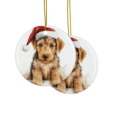 DistinctInk Hanging Ceramic Christmas Tree Ornament with Gold String - Great Gift/Present - 2 3/4 inch Diameter - Airedale Terrier Puppy Drawing Design