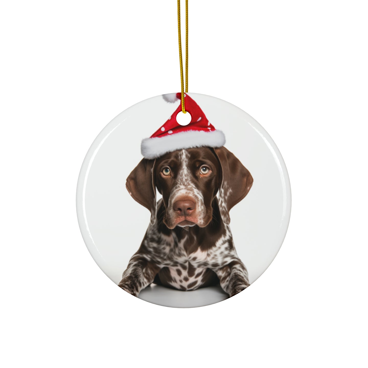 DistinctInk Hanging Ceramic Christmas Tree Ornament with Gold String - Great Gift/Present - 2 3/4 inch Diameter - German Shorthaired Pointer Puppy Design