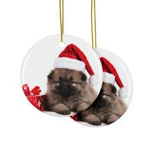 DistinctInk Hanging Ceramic Christmas Tree Ornament with Gold String - Great Gift/Present - 2 3/4 inch Diameter - Keeshonden Puppy Design