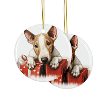 DistinctInk Hanging Ceramic Christmas Tree Ornament with Gold String - Great Gift/Present - 2 3/4 inch Diameter - Bull Terrier Puppy Drawing Design