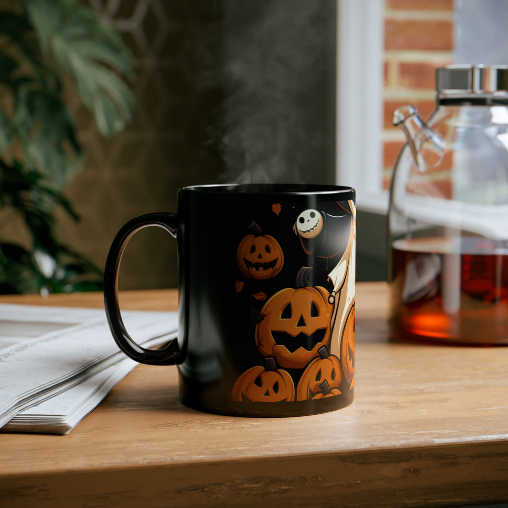 Black Coffee Mug - Spooky Skeleton Pumpkin Patch for Halloween, view 6