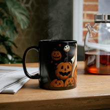 DistinctInk Black Coffee Mug - Spooky Skeleton Pumpkin Patch for Halloween