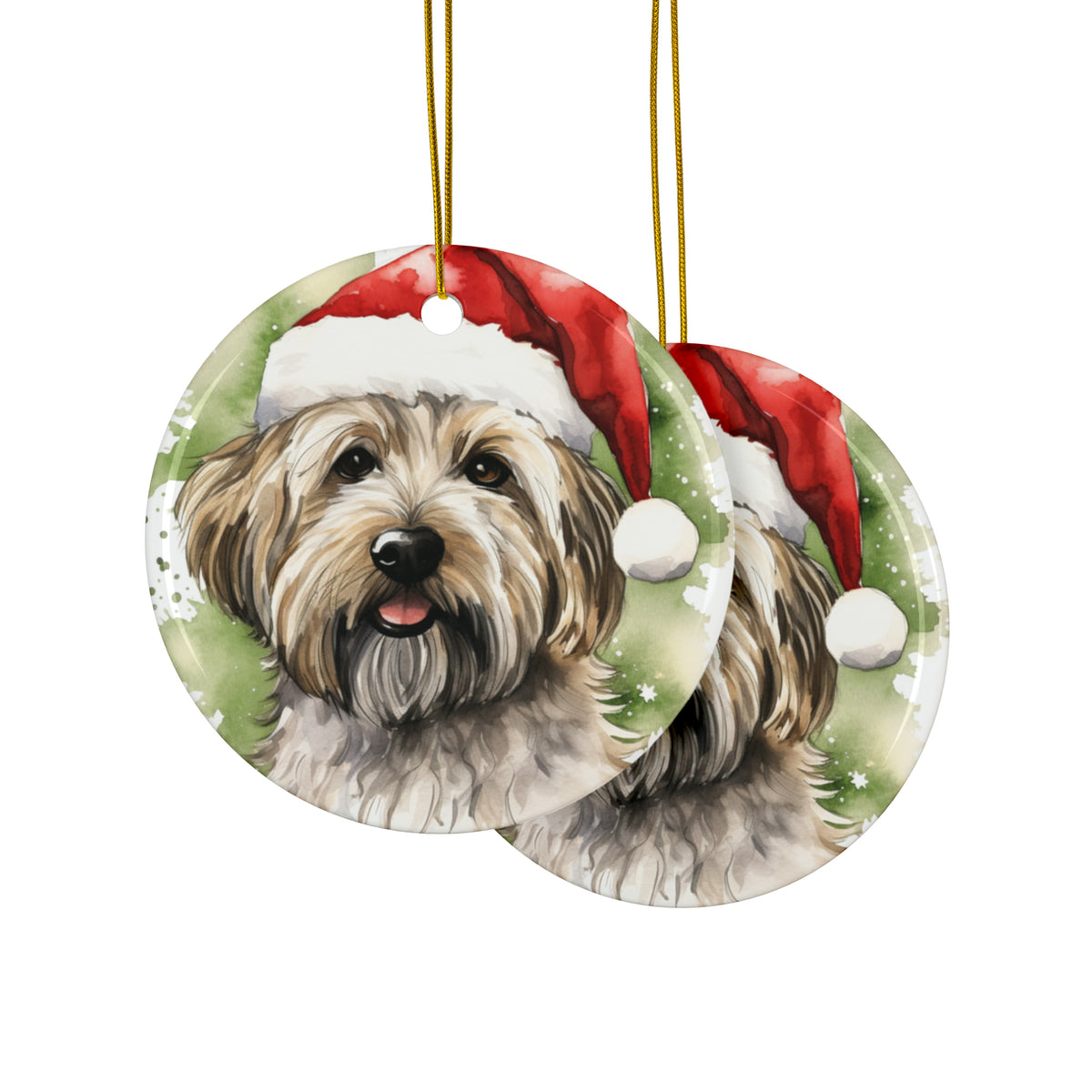 Hanging Ceramic Christmas Tree Ornament with Gold String - Dandie Dinmont Terrier Design, view 2