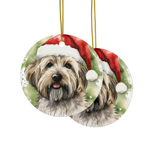 DistinctInk Hanging Ceramic Christmas Tree Ornament with Gold String - Great Gift/Present - 2 3/4 inch Diameter - Dandie Dinmont Terrier Design