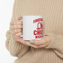 DistinctInk Glossy White Coffee / Tea Mug - Firefighter Chicks Kick ASH