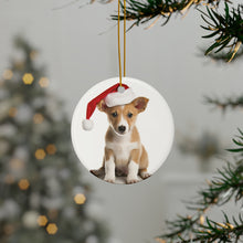 DistinctInk Hanging Ceramic Christmas Tree Ornament with Gold String - Great Gift/Present - 2 3/4 inch Diameter - Portuguese Podengo Pequeno Puppy Design