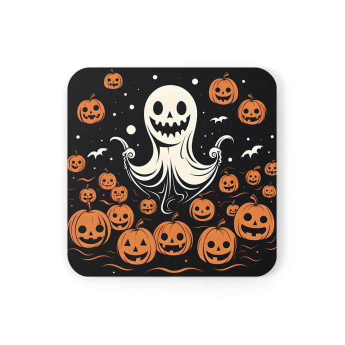 DistinctInk (Set of 4) Corkwood Coasters with Ghost Skeleton Cartoon PumpkinsDesign for Halloween