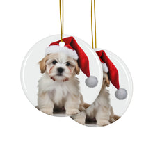 DistinctInk Hanging Ceramic Christmas Tree Ornament with Gold String - Great Gift/Present - 2 3/4 inch Diameter - Pumik Puppy Design