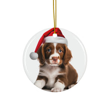 DistinctInk Hanging Ceramic Christmas Tree Ornament with Gold String - Great Gift/Present - 2 3/4 inch Diameter - Brittany Puppy Design
