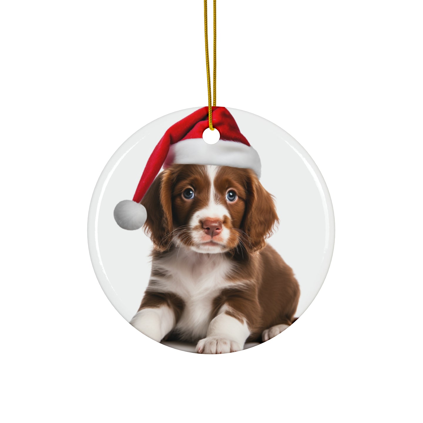 DistinctInk Hanging Ceramic Christmas Tree Ornament with Gold String - Great Gift/Present - 2 3/4 inch Diameter - Brittany Puppy Design