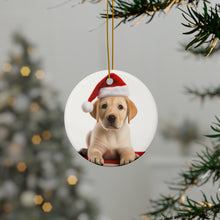 DistinctInk Hanging Ceramic Christmas Tree Ornament with Gold String - Great Gift/Present - 2 3/4 inch Diameter - Labrador Retriever Puppy Design