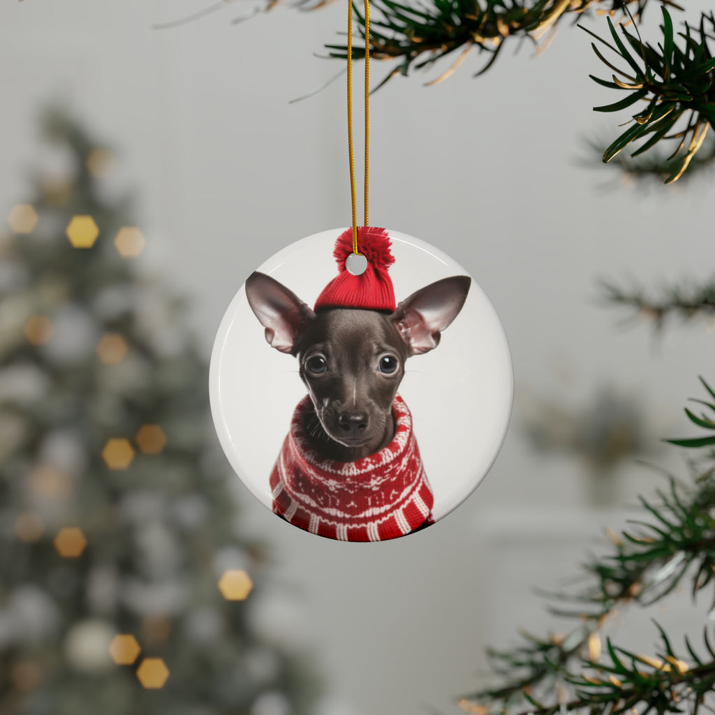 Hanging Ceramic Christmas Tree Ornament with Gold String - Xoloitzcuintli Puppy Design, view 3