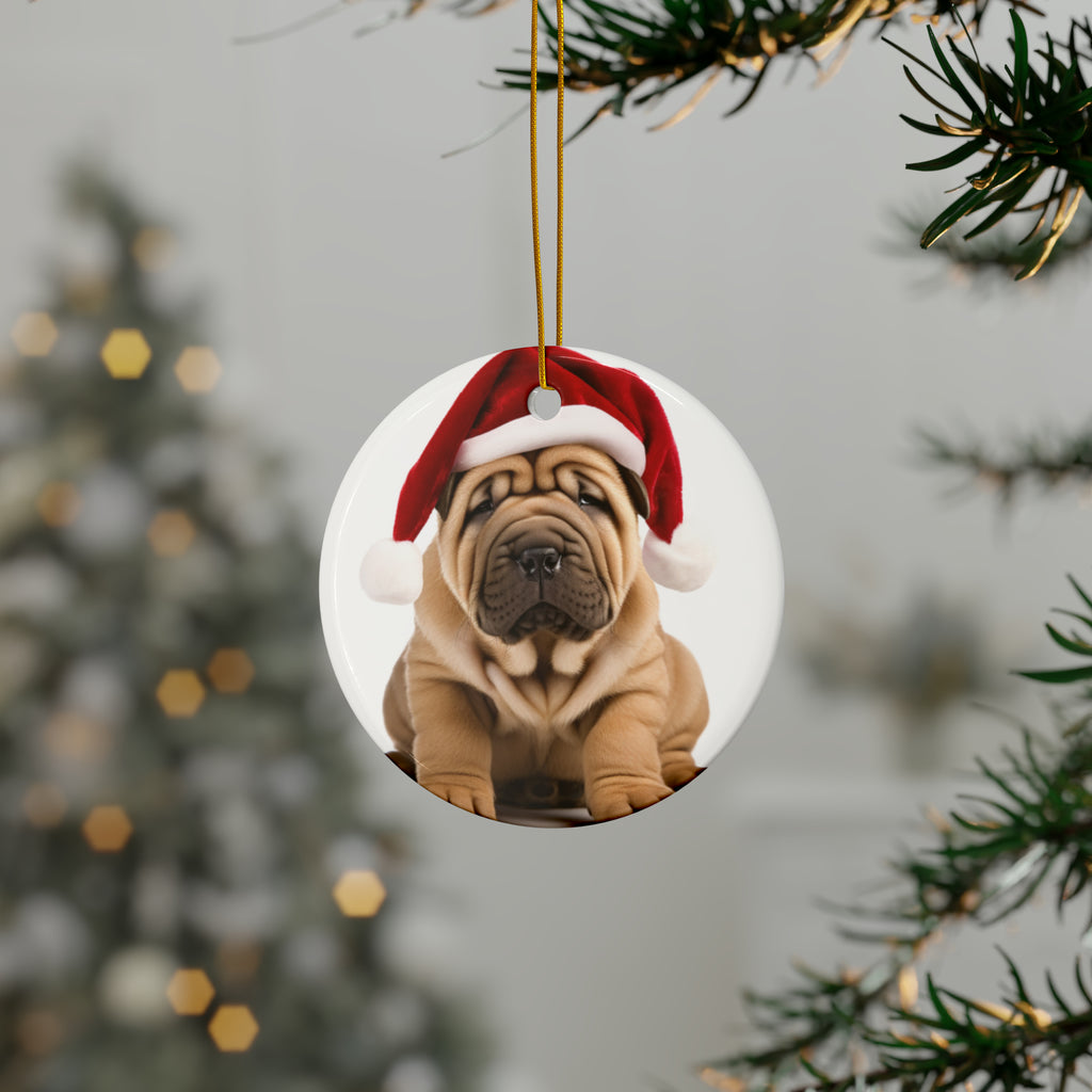 Hanging Ceramic Christmas Tree Ornament with Gold String - Chinese Shar-Pei Puppy Design, view 3