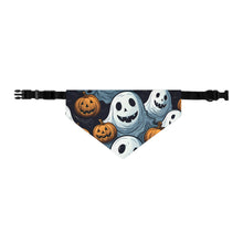 DistinctInk Adjustable Pet Banana Collar with Ghoulish Ghostbusters and Pumpkins Design for Halloween