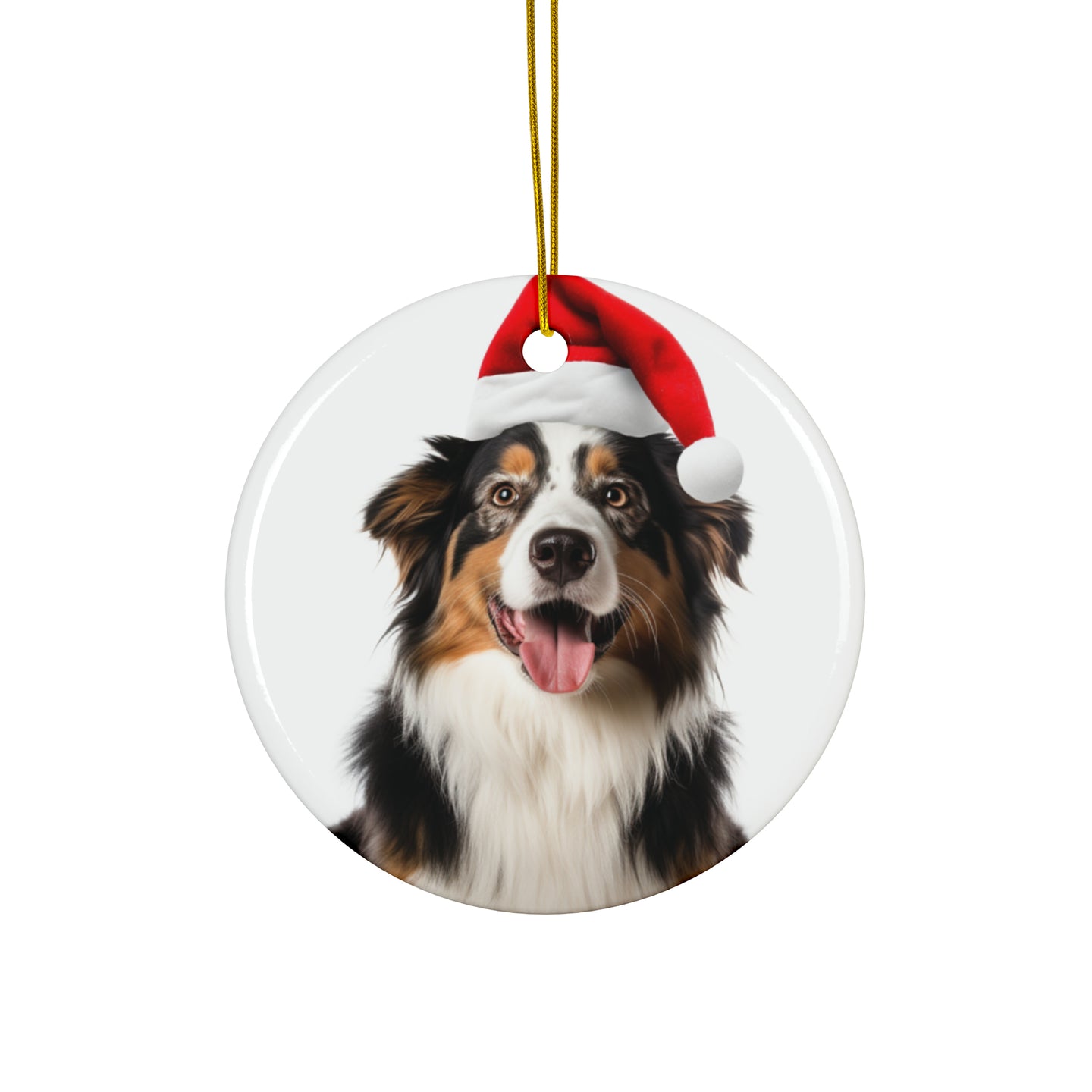 DistinctInk Hanging Ceramic Christmas Tree Ornament with Gold String - Great Gift/Present - 2 3/4 inch Diameter - Australian Shepherd Design