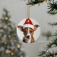 DistinctInk Hanging Ceramic Christmas Tree Ornament with Gold String - Great Gift/Present - 2 3/4 inch Diameter - Basenji Puppy Design