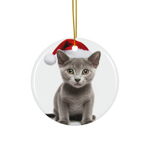 DistinctInk Hanging Ceramic Christmas Tree Ornament with Gold String - Great Gift/Present - 2 3/4 inch Diameter - Korat Kitten Design