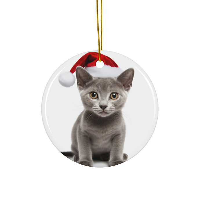 DistinctInk Hanging Ceramic Christmas Tree Ornament with Gold String - Great Gift/Present - 2 3/4 inch Diameter - Korat Kitten Design