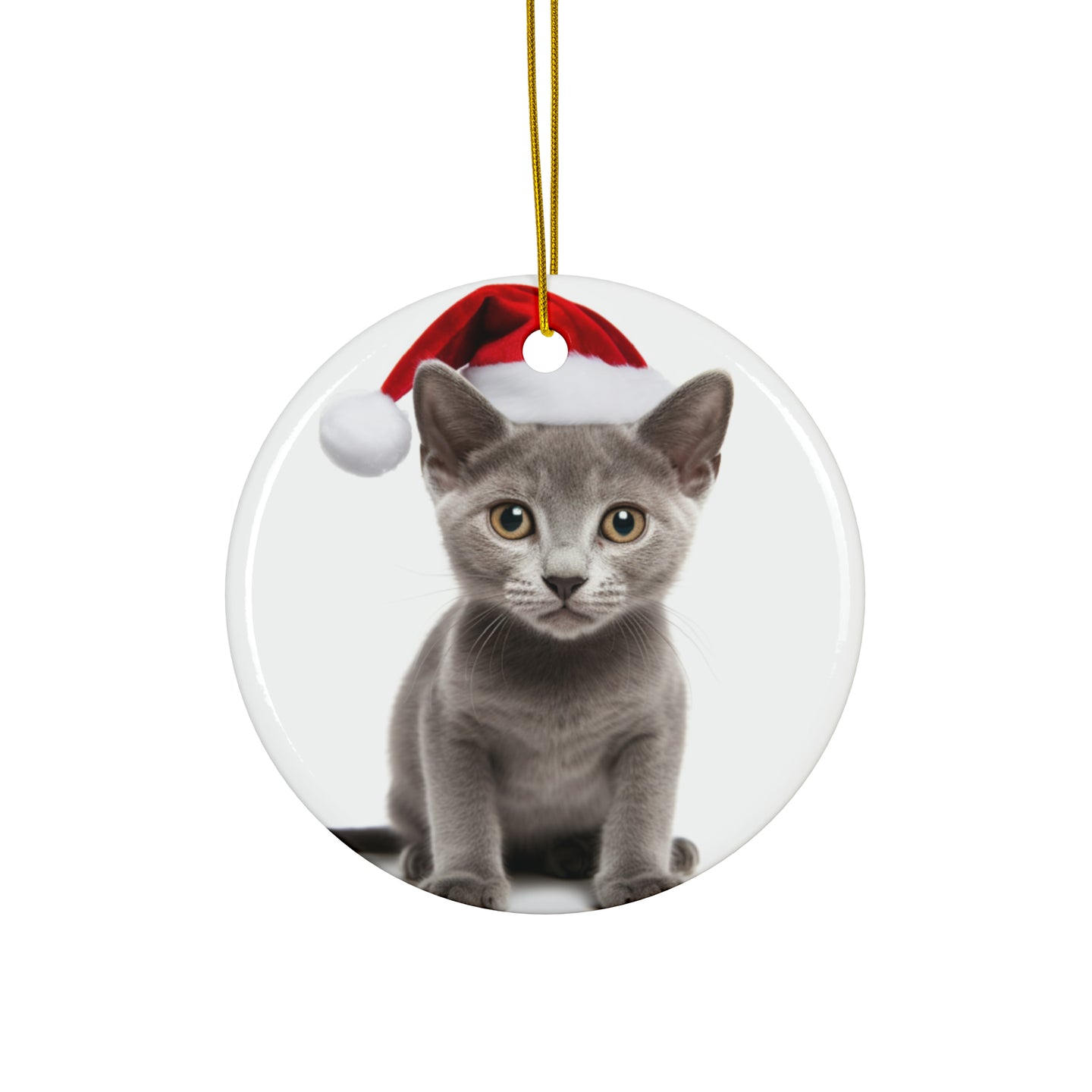 DistinctInk Hanging Ceramic Christmas Tree Ornament with Gold String - Great Gift/Present - 2 3/4 inch Diameter - Korat Kitten Design
