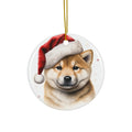 Hanging Ceramic Christmas Tree Ornament with Gold String - Shiba Inu Puppy Drawing Design