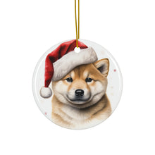 DistinctInk Hanging Ceramic Christmas Tree Ornament with Gold String - Great Gift/Present - 2 3/4 inch Diameter - Shiba Inu Puppy Drawing Design