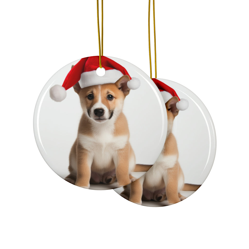 Hanging Ceramic Christmas Tree Ornament with Gold String - Canaan Dog Puppy Design, view 2