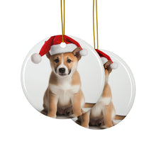 DistinctInk Hanging Ceramic Christmas Tree Ornament with Gold String - Great Gift/Present - 2 3/4 inch Diameter - Canaan Dog Puppy Design