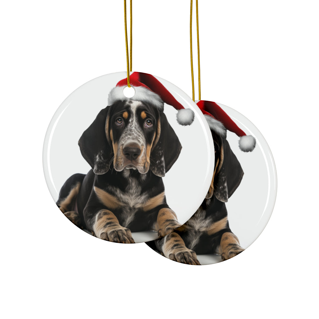 Hanging Ceramic Christmas Tree Ornament with Gold String - Bluetick Coonhound Puppy Design, view 2