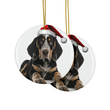 DistinctInk Hanging Ceramic Christmas Tree Ornament with Gold String - Great Gift/Present - 2 3/4 inch Diameter - Bluetick Coonhound Puppy Design