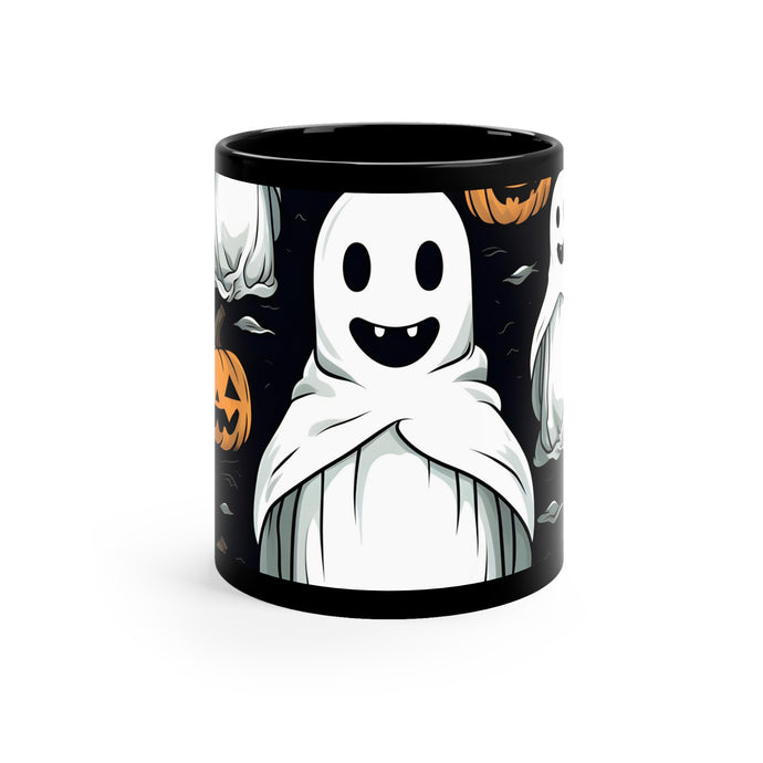 DistinctInk Black Coffee Mug - Skelepumpkin Ghostpattern for Halloween