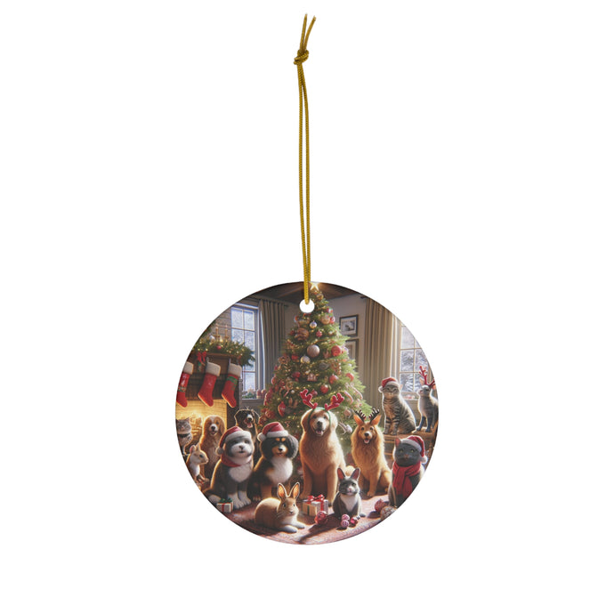 DistinctInk Hanging Ceramic Christmas Tree Ornament Charm with Gold String - Great Gift/Present - 2 3/4 inch Diameter - Furry Friends' Festive Gathering