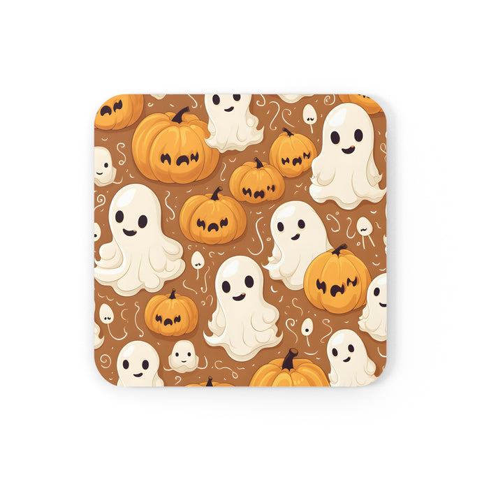 DistinctInk (Set of 4) Corkwood Coasters with Ghastly Skeleton Pumpkin CartoonDesign for Halloween