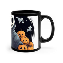 DistinctInk Black Coffee Mug - Skeleton Ghost and Pumpkin for Halloween