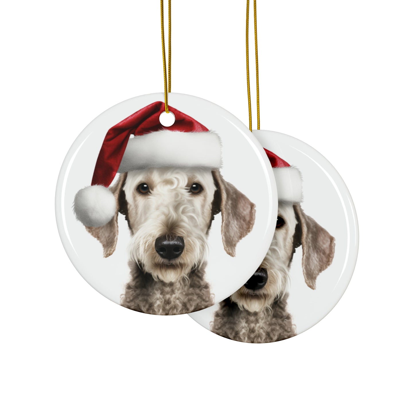 DistinctInk Hanging Ceramic Christmas Tree Ornament with Gold String - Great Gift/Present - 2 3/4 inch Diameter - Bedlington Terrier Design