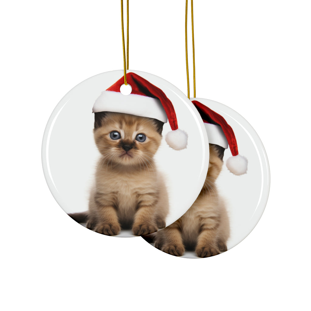 Hanging Ceramic Christmas Tree Ornament with Gold String - Havana Brown Kitten Design, view 2