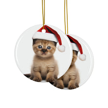 DistinctInk Hanging Ceramic Christmas Tree Ornament with Gold String - Great Gift/Present - 2 3/4 inch Diameter - Havana Brown Kitten Design