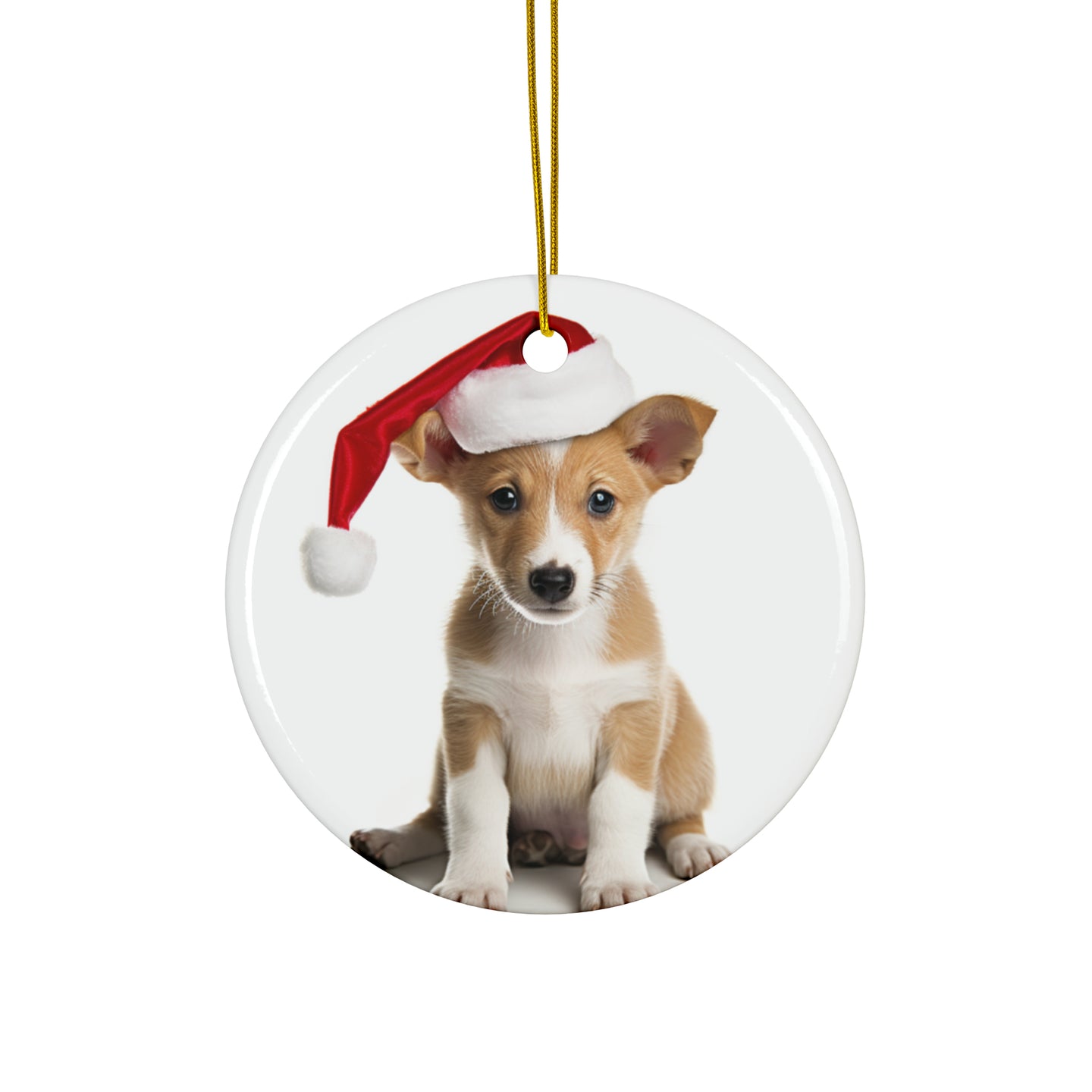 DistinctInk Hanging Ceramic Christmas Tree Ornament with Gold String - Great Gift/Present - 2 3/4 inch Diameter - Portuguese Podengo Pequeno Puppy Design