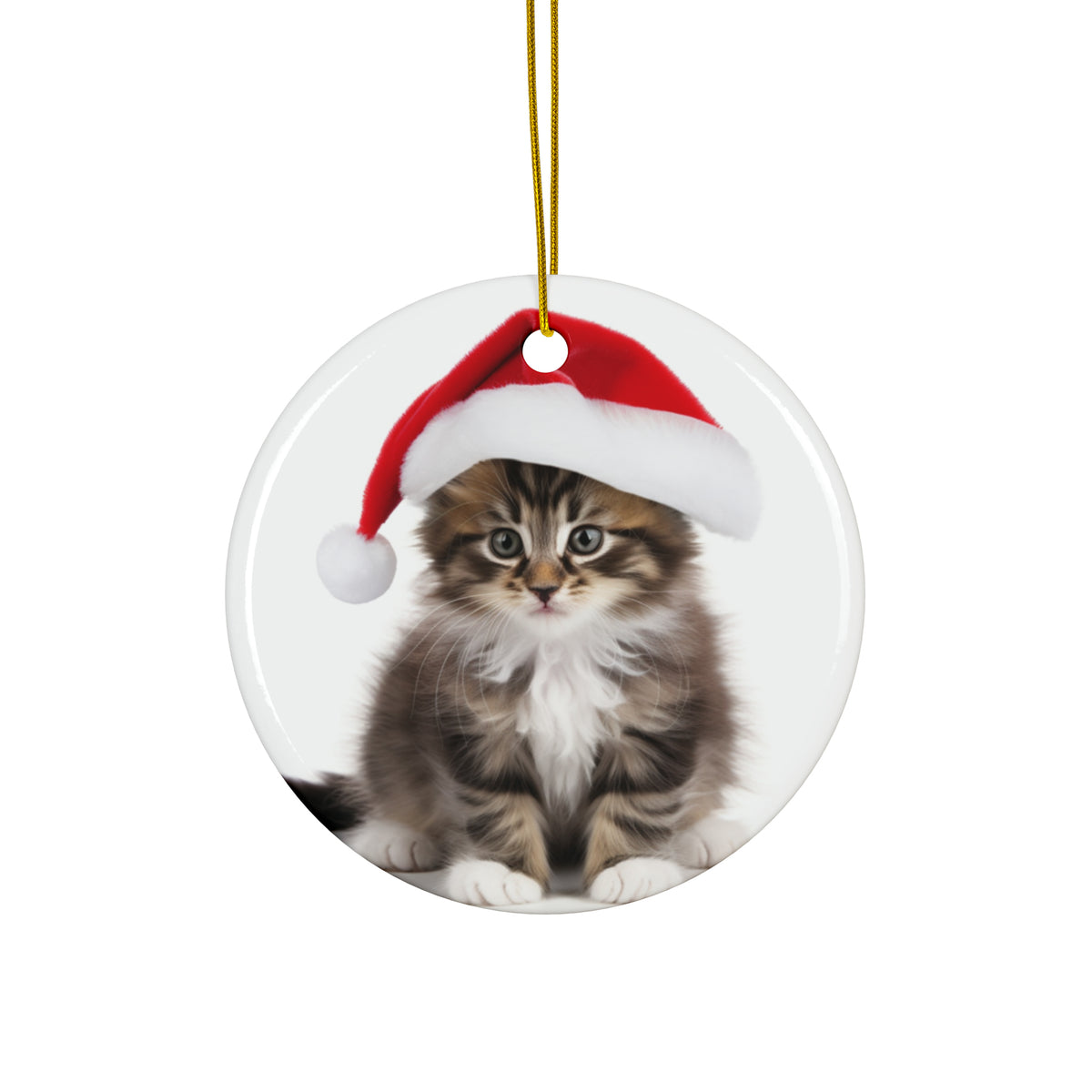 Hanging Ceramic Christmas Tree Ornament with Gold String - Norwegian Forest Kitten Design
