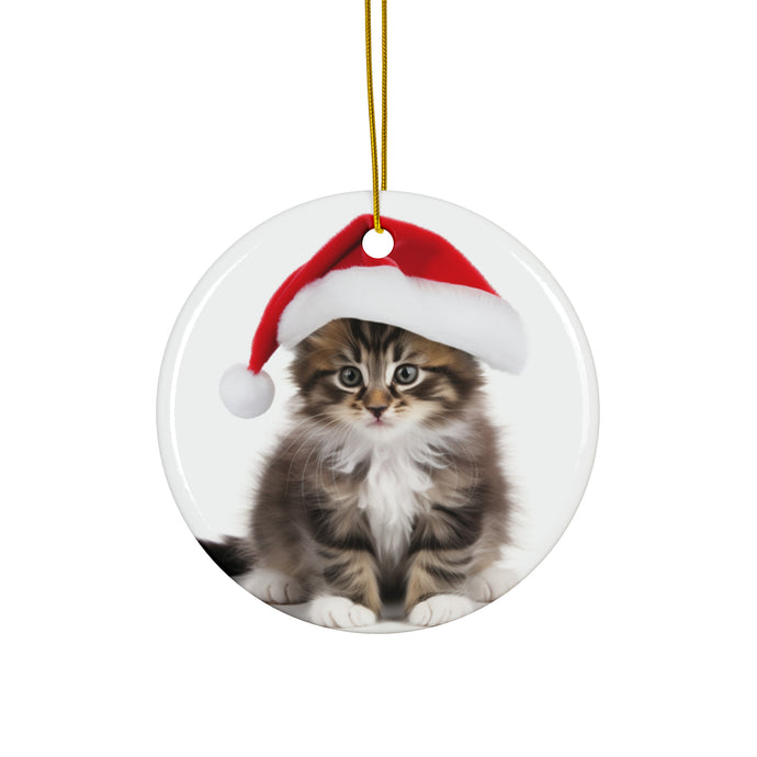 DistinctInk Hanging Ceramic Christmas Tree Ornament with Gold String - Great Gift/Present - 2 3/4 inch Diameter - Norwegian Forest Kitten Design
