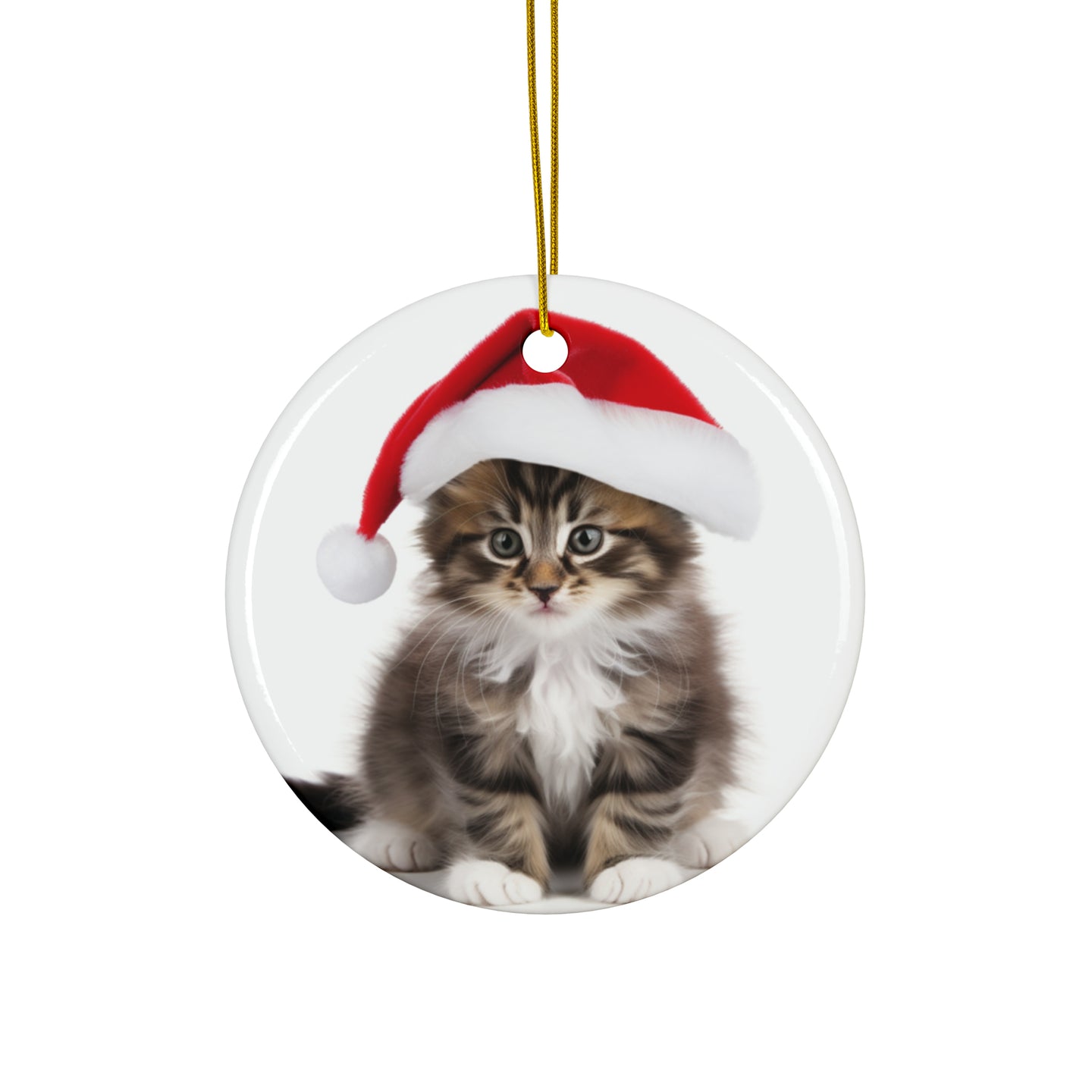 DistinctInk Hanging Ceramic Christmas Tree Ornament with Gold String - Great Gift/Present - 2 3/4 inch Diameter - Norwegian Forest Kitten Design