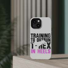 DistinctInk ToughCase for Apple iPhone, Compatible with MagSafe Charging - Training to Outrun T-Rex in Heels