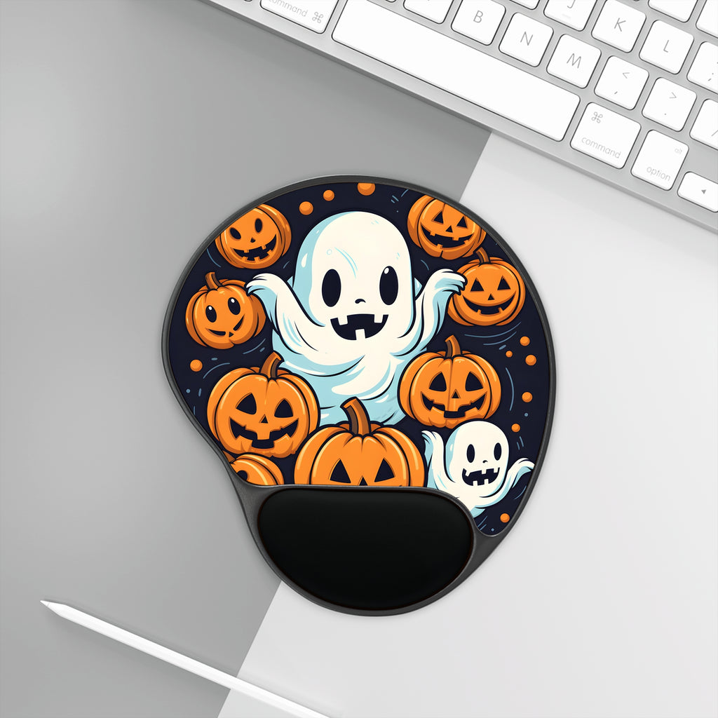 Mouse Pad with Wrist Rest with The Ghostly Skeleton Pumpkin Design for Halloween, view 3