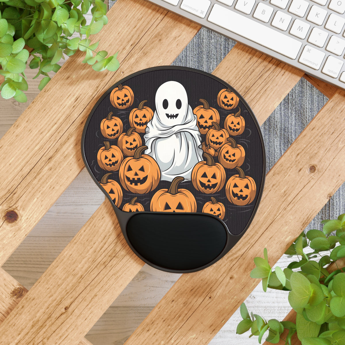 Mouse Pad with Wrist Rest with Skeletal Ghostly Pumpkin Patch Design for Halloween, view 4