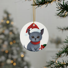 DistinctInk Hanging Ceramic Christmas Tree Ornament with Gold String - Great Gift/Present - 2 3/4 inch Diameter - Korat Cat Design