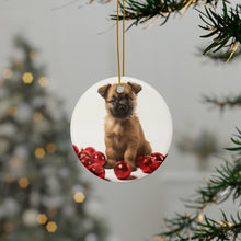 DistinctInk Hanging Ceramic Christmas Tree Ornament with Gold String - Great Gift/Present - 2 3/4 inch Diameter - Cairn Terrier Puppy Design