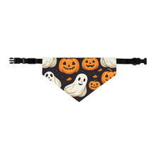 DistinctInk Adjustable Pet Banana Collar with Ghastly Skeleton Pumpkin Party Design for Halloween