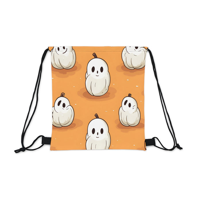 DistinctInk Drawstring Bag / Backpack with Ghastly Skeleton Pumpkin adorned Design for Halloween