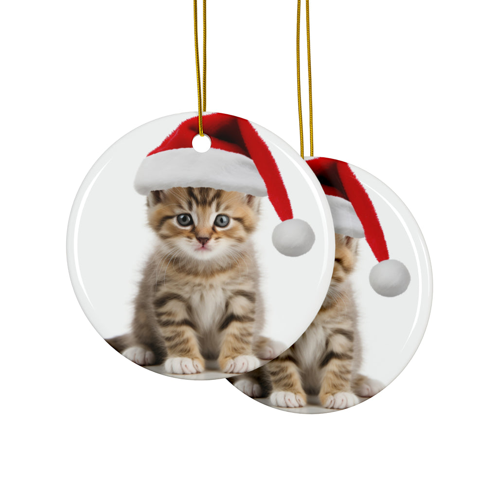 Hanging Ceramic Christmas Tree Ornament with Gold String - Manx Kitten Design, view 2