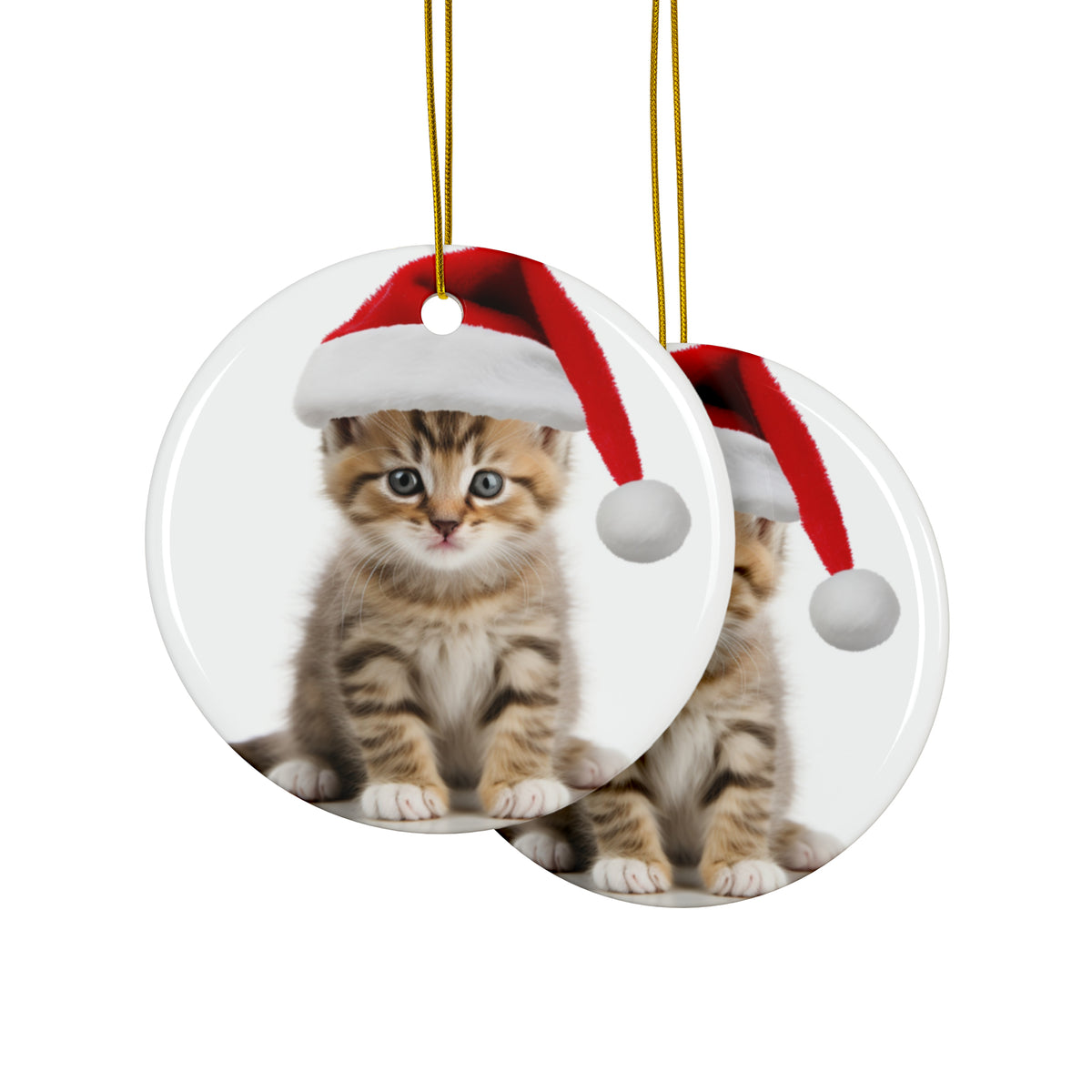 Hanging Ceramic Christmas Tree Ornament with Gold String - Manx Kitten Design, view 2